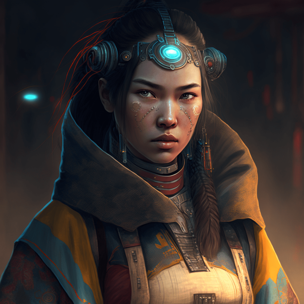 Зураг: Монгол дайчин эмэгтэй, cyberpunk хэв маяг; Midjourney бид хоёрын хамтын бүтээл, 2022 он